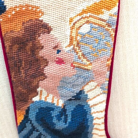 Handmade Wool Needlepoint Angel Christmas Stocking Cotton Velvet Backing Vintage - Picture 3 of 11